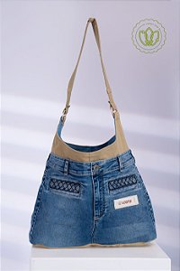 Bolsa Hobo Denim Treliça Areia (Upcycling)