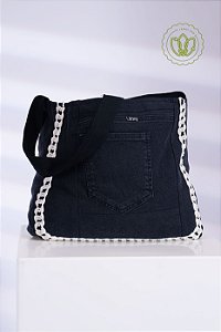 Bolsa Tote Denim Bordas Crochê (Upcycling)