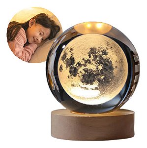 Luminária de Lua em Esfera de Cristal com Base de Madeira Lua Cheia Abajur 3D