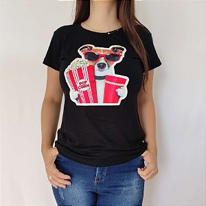 Camiseta Feminina T-Shirt Luxo Preta com Acessórios Estampa Cachorrinho Cinema