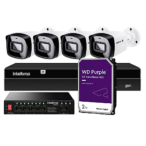Kit 4 Câmeras Intelbras 4MP VIPC 1430 B Lente 2.8mm IR 30m + 01 Gravador NVR NVD 1404 - 4 Canais + 01 HD 2TB Purple + 01 Switch POe Giga 05 portas