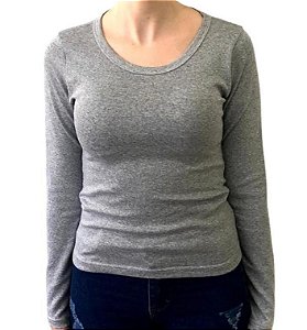 Blusa Feminina Manga longa Cinza Mescla Gola Baixa 96% algodão 4 % elastano