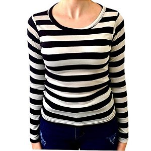 Blusa Feminina Manga longa LISTRADA Gola Baixa 96% algodão 4 % elastano