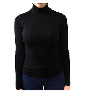 Blusa Feminina Manga longa Preta Gola ALTA 96% algodão 4 % elastano