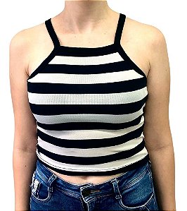 Cropped Alcinha Feminina PRETO E BRANCA  Listrada 96% Algodão 4% Lycra Fio 30.1