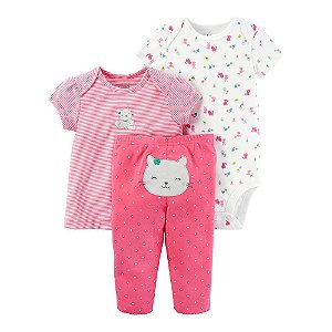 Conjunto com Body Curto, Camiseta e Calça Gatinho Rosa Child of Mine made by Carter's