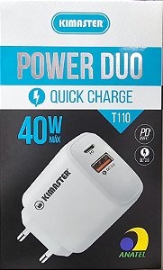 FONTE CARREGADOR 40W 2 SAIDA TIPO C + USB TURBO 3.0 KIMASTER T110