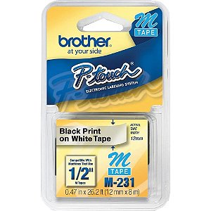FITA 12MM PARA ROTULADOR PT65/ PT70 E PT80  PRETO/BRANCO  M231 BROTHER