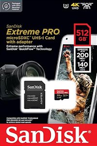 Cartão de Memória SanDisk Extreme Pro 512GB MicroSDXC V30 A2 200MB/s - SDSQXCD-512G-GN6MA - Infopeças