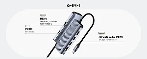 Hub Adaptador Multiportas 6 em 1 Cudy UH500 USB-C para HDMI 4K / 4x USB 3.2 / 1x USB-C PD 100W