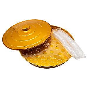 Bandeja Dourada para Santa Ceia com 56 Cálices Individuais – Kit Completo com Tampa