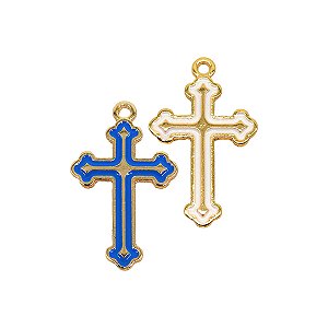 Pingente Cruz de Metal Dourada e Resinada – Acabamento Azul ou Branco