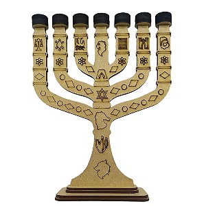Candelabro Menorá em MDF com Símbolos das 12 Tribos de Israel