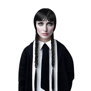 Peruca Wandinha Franja e Tranças Halloween