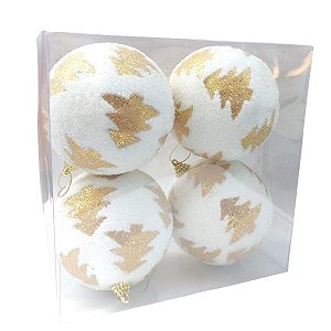 Bola de Natal Branca com Pinheiros Dourada 10 cm 4 Unidades