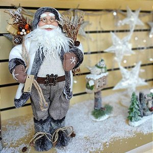 Papai Noel Casaco Branco com Presentes e Lenha 46 cm