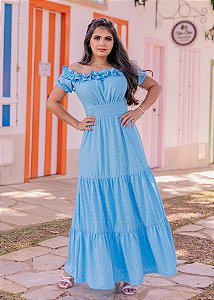 Vestido Midi Evasê Azul Forrado em Lese