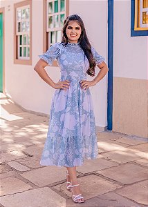 Vestido Midi Godê Azul Bebê Floral em Tule