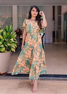 Vestido Midi Evasê Verde Floral em Crepe Twill