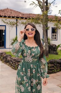 Vestido Midi Verde Forrado em Tule Floral