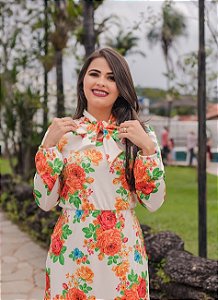 Vestido Midi Evasê Branco Floral com Laço em Suplex