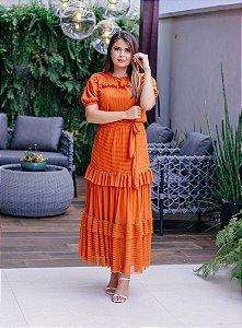 Vestido Longo em Tule Listrado