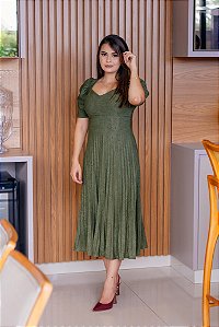 Vestido em Lese com Elastano e Saia Plissada