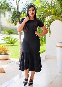 Vestido Midi Peplum Preto em Crepe de Malha