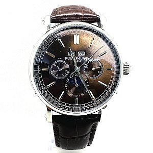 Relógio masculino linha Premium modelo Patek Complications automatico Pulseira de couro a prova d’água 40m