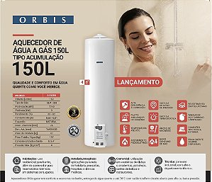 AQUECEDOR BOILER A GÁS POR ACUMULAÇÃO ORBIS 150 LITROS AÇO VITRIFICADO (Por orientação do fabricante, é necessário a troca do bastão de anodo a cada ano)