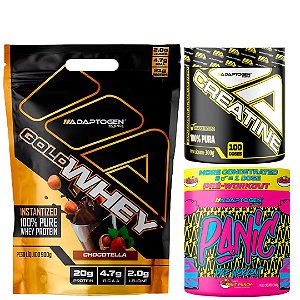GOLD WHEY 900G - CREATINA 300G - PRÉ TREINO PANIC 300G - ADAPTOGEN