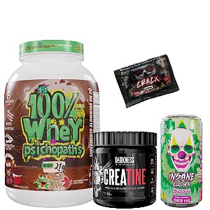100% WHEY PSICHOPATHS 900G + BRINDE PRÉ TREINO CRACK DOSE 1OG - ENERGY INSANE CLOWN 269ML - DEMONS LAB - CREATINA 300G 100% PURA - DARKENSS