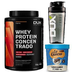 WHEY PROTEIN CONCENTRADO 900g - COQUETELERA 750ML - DUX NUTRITION - pasta de amendoim 450g LA GANEXA