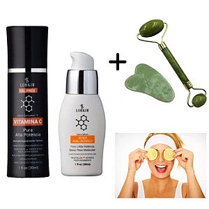Sckincare Anti-idade: Vitamina C Pura + Sérum Ácido Hialurônico + Rolo Pedra Jade Massagem Facial
