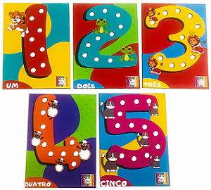 Kit Alinhavos em Madeira Brinquedo Pedagógico Educativo Números e Vogais