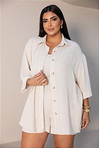 Camisa em Linho Lisboa Areia Manga 3/4 Plus Size