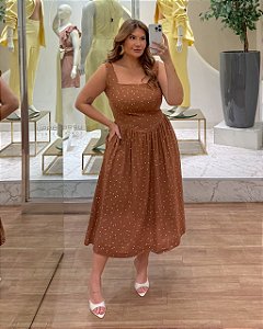 Vestido Midi Poá Marrom Plus Size
