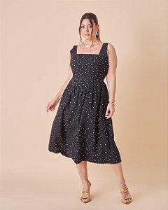 Vestido Midi Poá Preto Plus Size