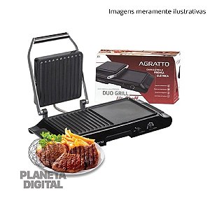 Grill Elétrico com Prensa Duo Grill 1250W Coletor de Gordura Removível Prensa com Duplo Aquecimento Preto 110V - AGRATTO