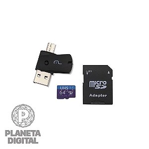 Kit 4 em 1: Cartão de Memória Ultra High Speed-I 64GB À Prova de Água Compatibilidade: USB 2.0 e MicroUSB Preto MC152 - MULTI