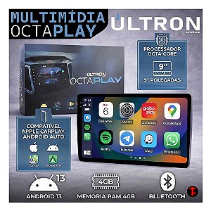 Central Multimídia OCTA PLAY Ultron 9" Pol Android13 4Gb Ram 64gb Memória Interna Com Apple Carplay Android Auto Netflix Spotify YouTube