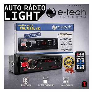 Rádio Automotivo E-Tech Light USB Pen Drive Cartão Sd Bluetooth Troca Pastas Som Automotivo Carro Música Rádio Barato