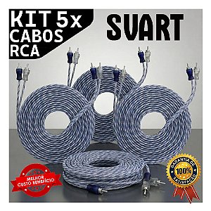 Kit 5 Cabos Rca Injetado 5 Metros Prata Azul Svart by tech One Som Automotivo Carro Som