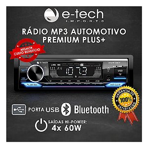 Rádio Automotivo E-tech Premium Plus+ Bluetooth Fm Mp3 Pen-Drive Usb Sd Custo Benefício Display Multicolor