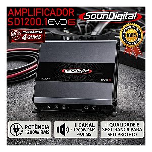 Módulo Amplificador Soundigital SD1200.1 1200w Rms SD1200 EVO6 4OHMS Som Automotivo Som de Qualidade