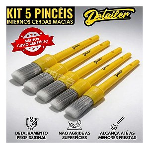 Kit 5 Pincéis Internos Cerdas Macias Detailer Limpeza Carro Estética Automotica Cuidado Veicular