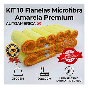 Kit 10x Flanelas Microfibra Amarela Premium 40x60cm 350GSM AutoAmerica Limpeza Automotivo Uso Doméstico