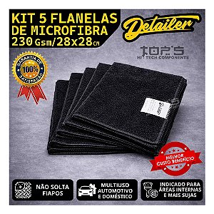 Kit 5 Flanelas Microfibra Preta 28x28cm 230gsm Detailer Pano Cuidado Automotivo Estética Automotiva Uso Doméstico