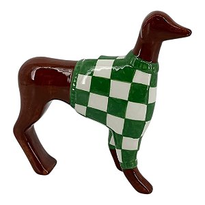 Escultura Cerâmica Cachorro Sueter Xadres Verde