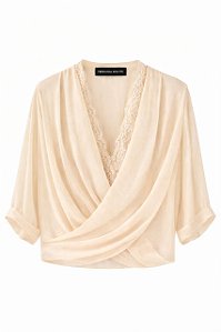 Blusa Cachequer chiffon Plissado dupla com renda off